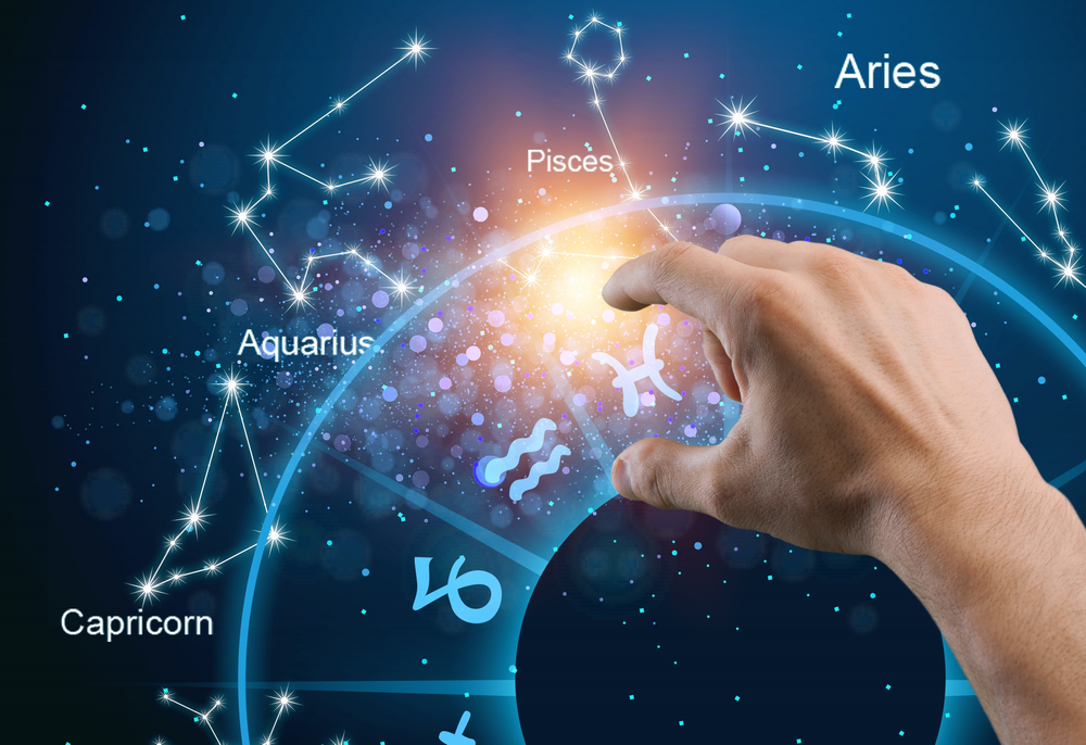 Harta astrologică cu toate semenele zodiacale, pe un fundal albastru