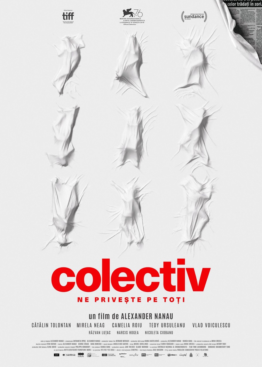 Afișul de prezentare al documentarului Colectiv cu trupuri de oameni ascunse sub cearceaf
