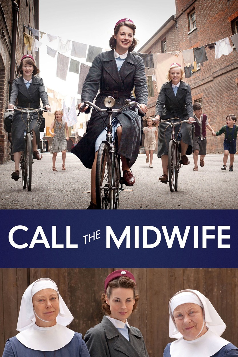 Afișul filmului Call the Midwife cu asistente medicale pe biciclete
