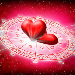 Cele 12 semne zodiacele, dispuse în cercuri, cu două inimi în centru