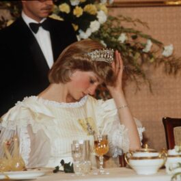 Prințesa Diana, într-o rochie albă, elegantă cu tiară pe cap, stă la masă în timpul unei vizite în Noua Zeelandă, în 1993.