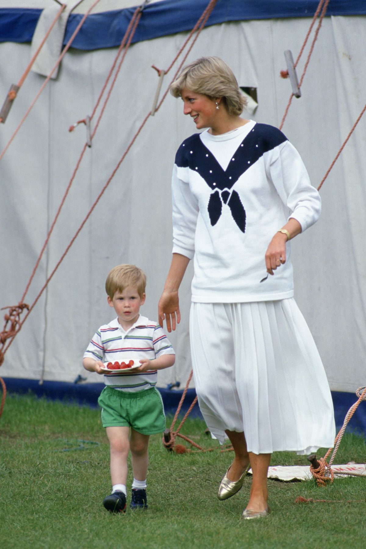 Prințesa Diana, îmbrăcată în alb, alături de Prințul Harry care ține în mâini o farfurie cu căpșuni. Fotografie realizată în anul 1987.