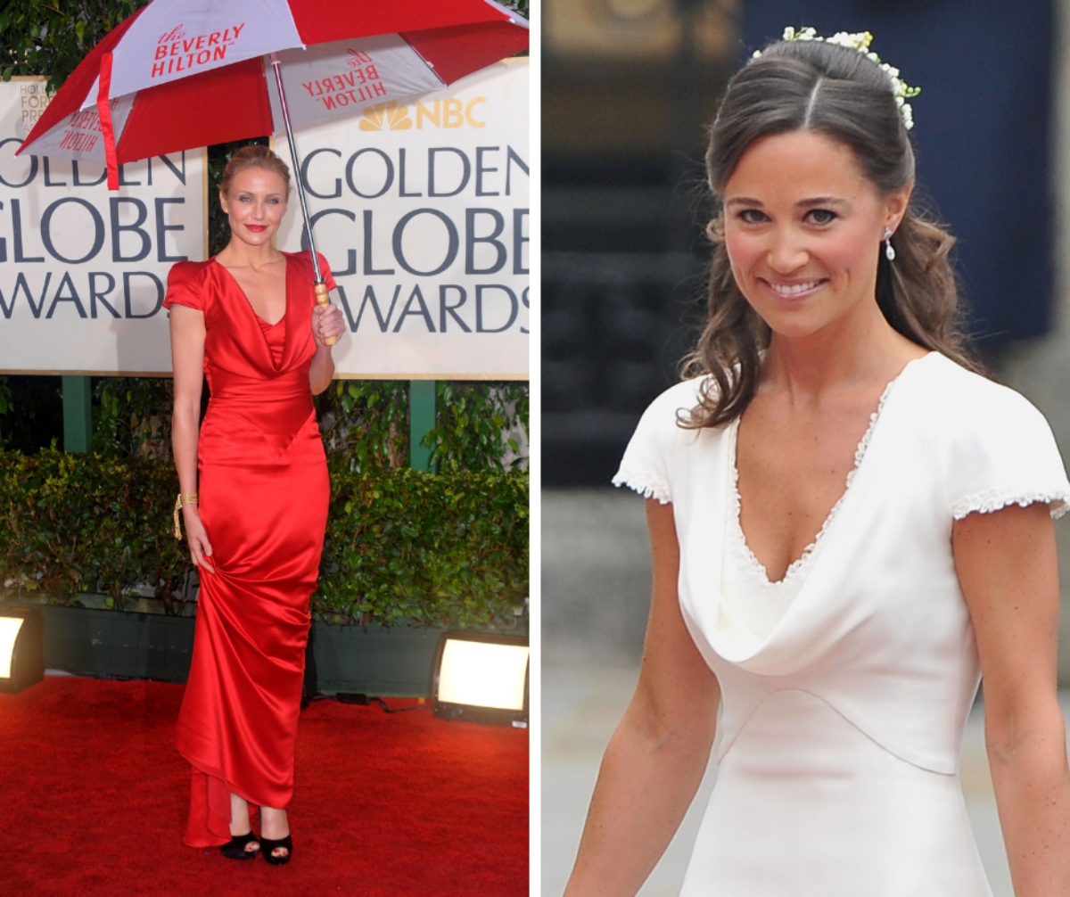 Cameron Diaz și “Pippa” Middleton poartă același model de rochie. Diferă doar culorile. Actrița a ales culoarea roșie, iar celebra jurnalistă a preferat albul.