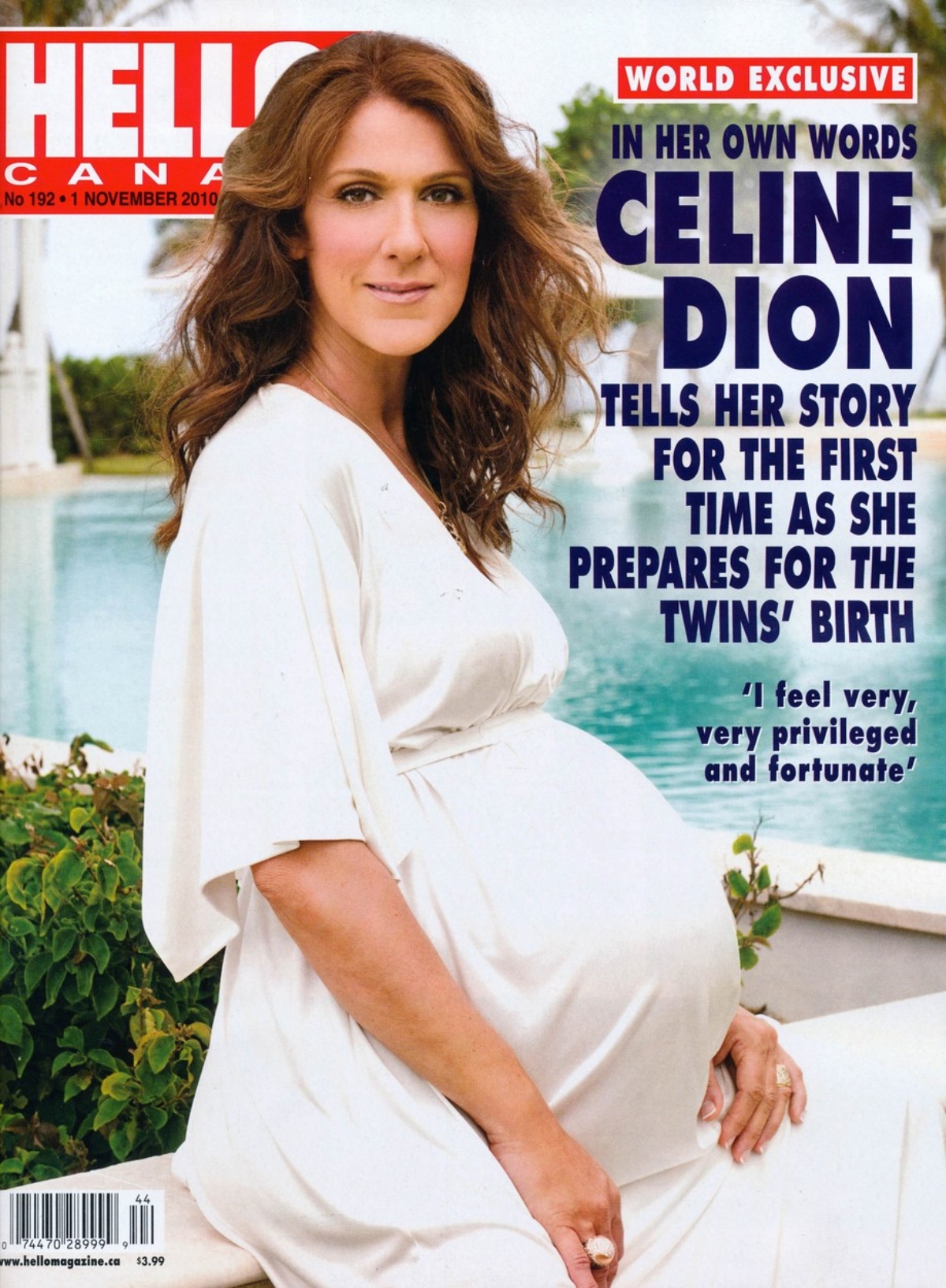 Céline Dion pe coperta revistei HELLO însărcinată, într-o rochie lejeră, albă, cu părul coafat discret.
