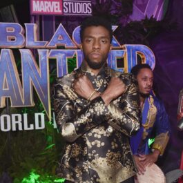 actorul Chadwick Boseman îmbrăcat într-un costum argintiu ținând mâinile încrucișate la premiera filmului Pantera Neagră