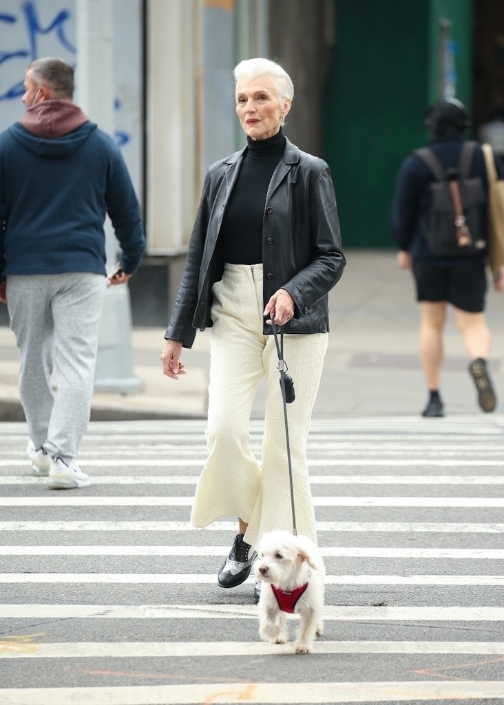 Maye Musk, îmbrăcată în haină de piele neagră, cu pantaloni eleganți, la plimbare cu cățelul, în New York