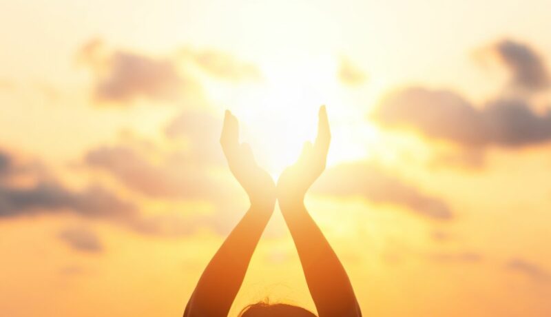 Silueta unei tinere care „susține” Soarele cu palmele sale