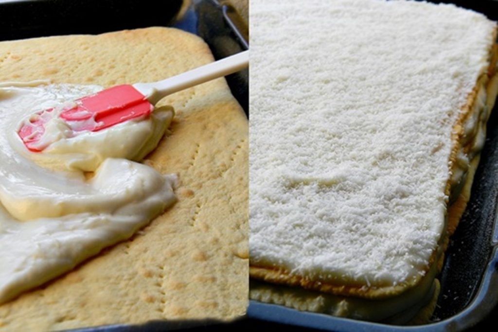 Colaj de poze cu pașii de asamblare a prăjiturii Albă ca Zăpada