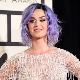 Katy Perry, cu părul mov, într-o rochie strălucitoare, la ceremonia Premiilor Grammy, din 2015