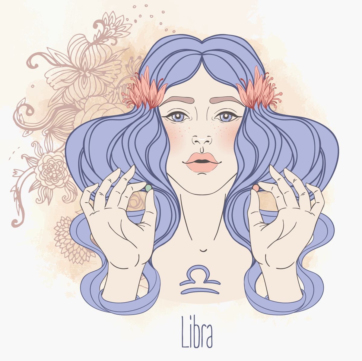 Ilustrația semnului zodiacal Balanță sub forma unei femei frumoase, cu păru desfăcut și ondulat, prins cu două flori roz.