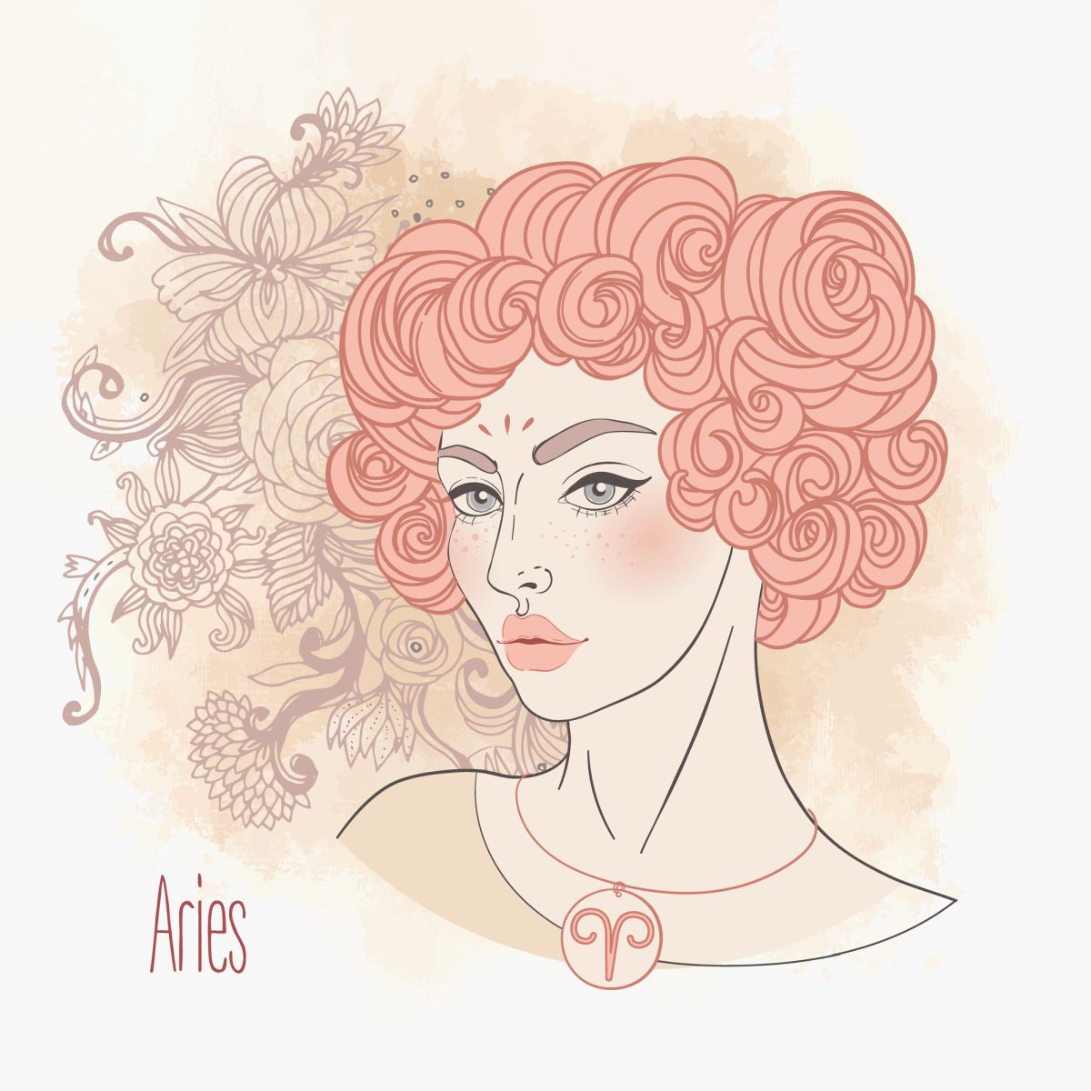 Ilustrația semnului zodiacal Berbec sub forma unei femei frumoase, cu părul scurt și creț, colorat într-o nunață caldă de roz.