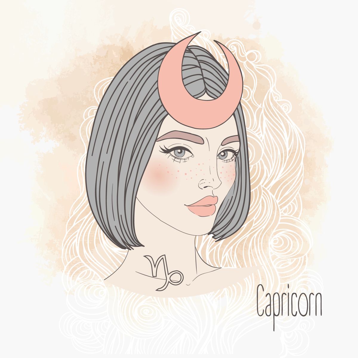 Ilustrația semnului zodiacal Capricorn sub forma unei femei frumoase, cu părul tuns bob și cu o semi-lună așezată în frunte.