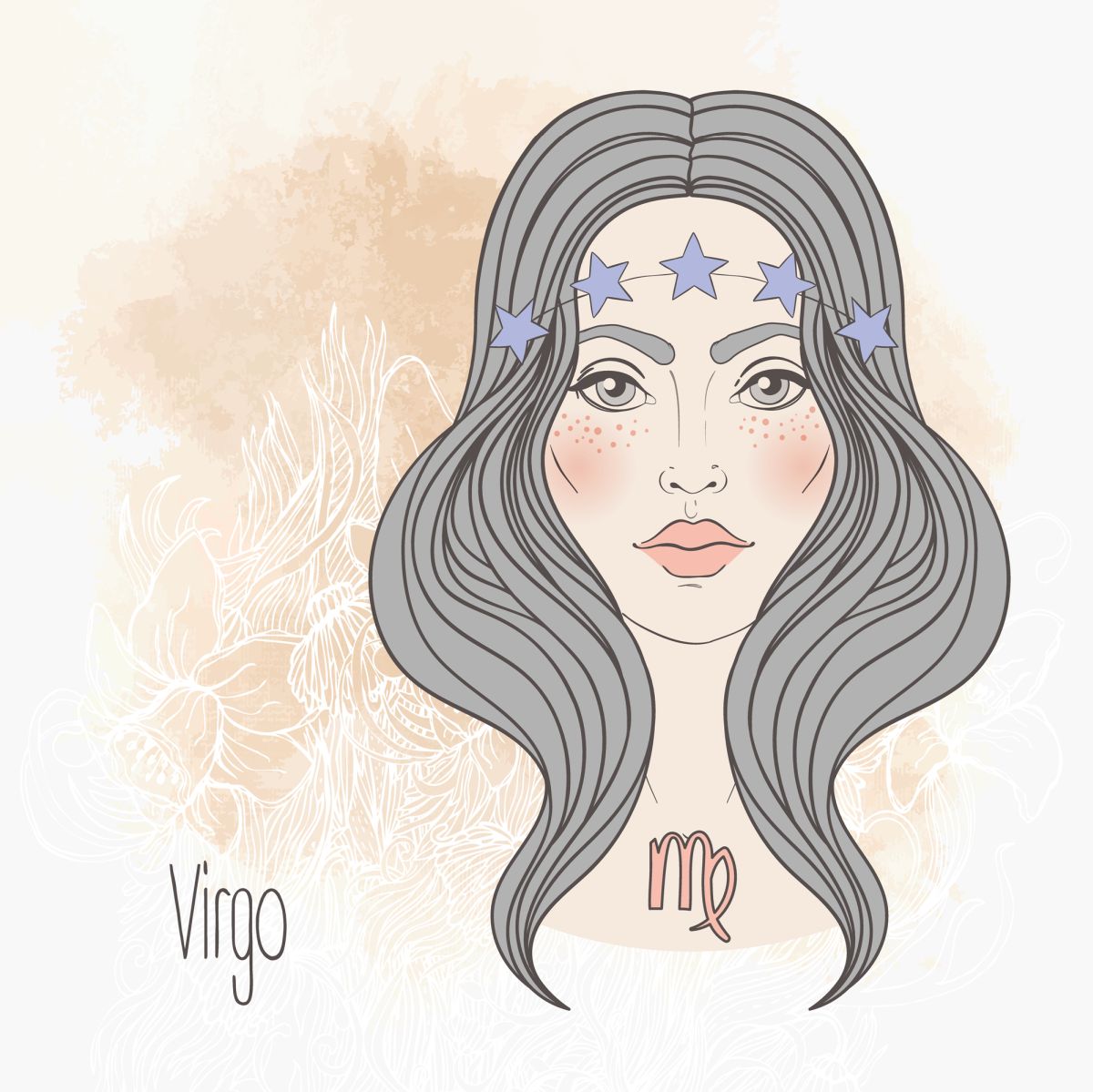 Ilustrația semnului zodiacal Fecioară sub forma unei femei frumoase, cu părul gri, așezat cu ajutorul unei bentițe cu steluțe albastre.