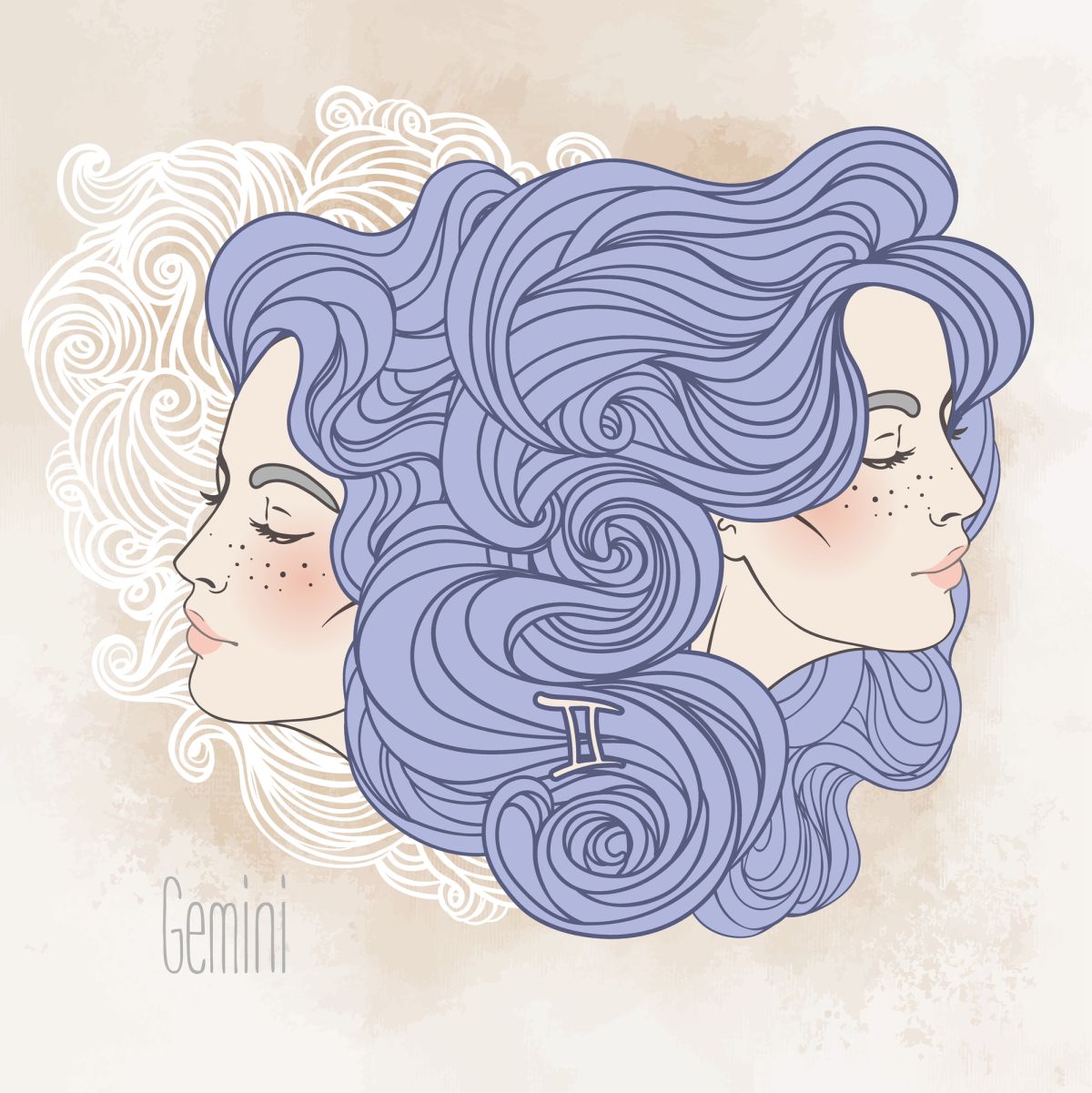 Ilustrația semnului zodiacal Gemeni sub forma a două femei frumoase, cu părul desfăcut și colorat într-o nunață de albastru.