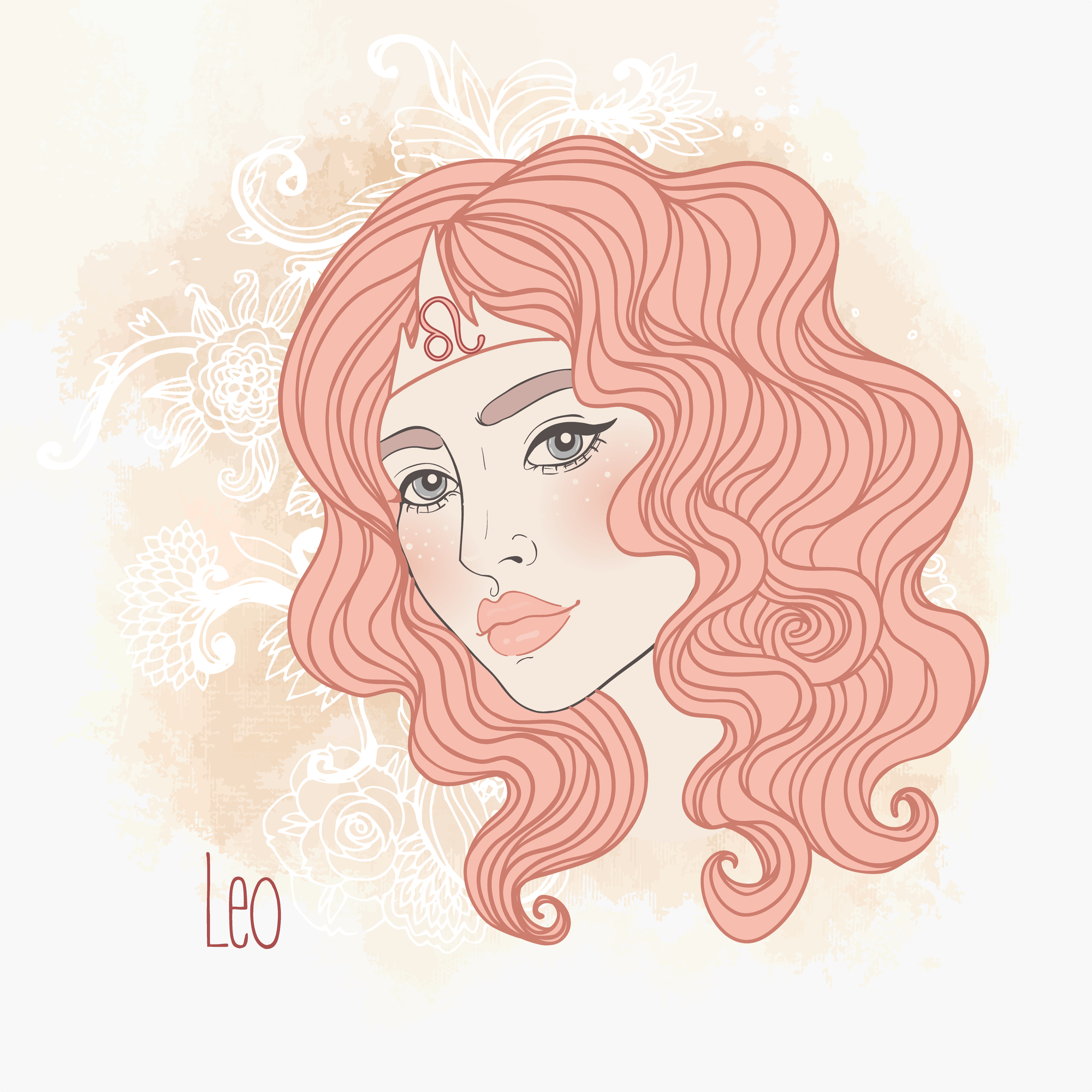 Ilustrația semnului zodiacal Leu sub forma unei femei frumoase, cu părul roșcat și simblul zodiei Leu așezat pe frunte.