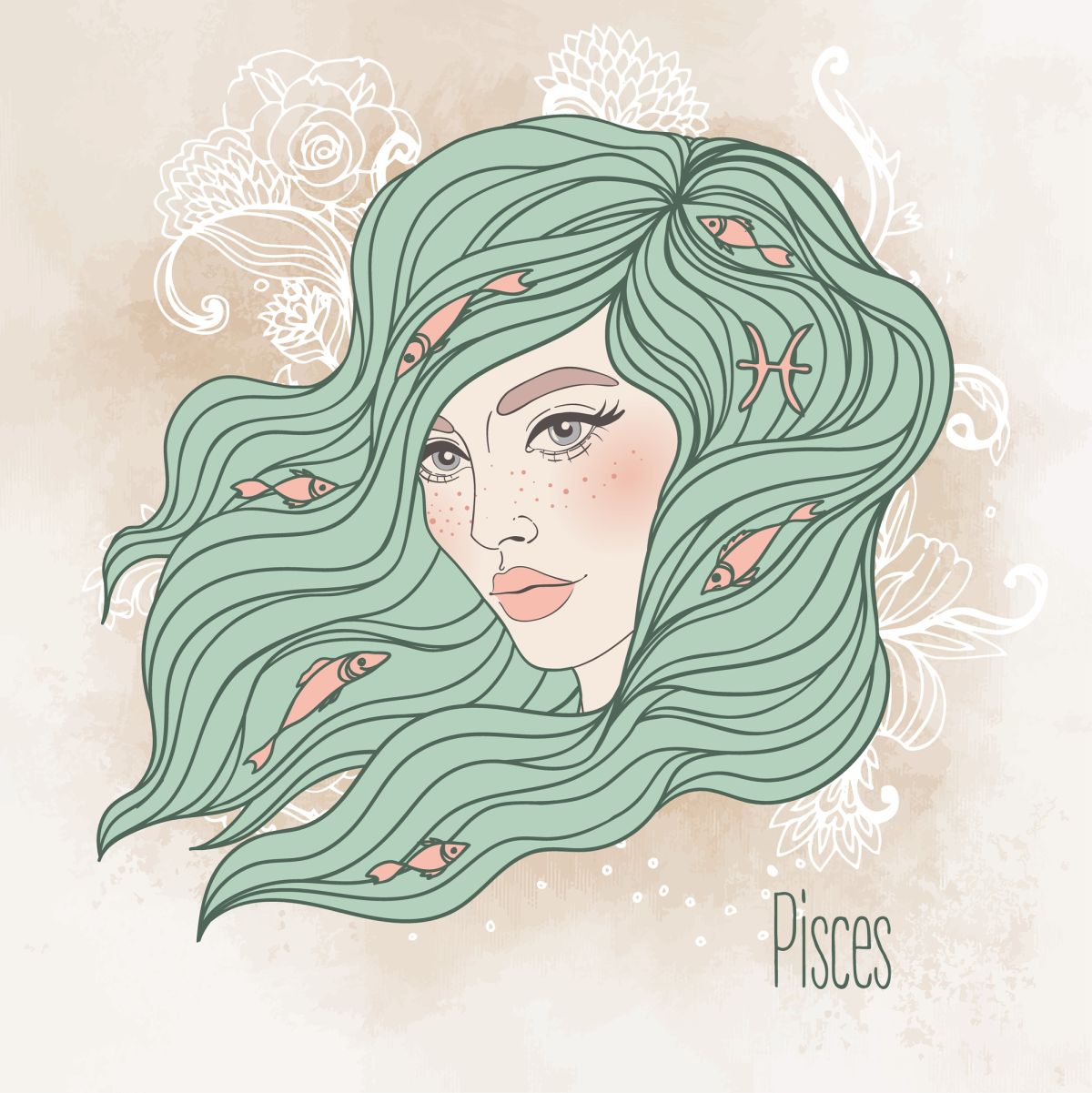 Ilustrația semnului zodiacal Pești sub forma unei femei frumoase, cu părul verde și mici pești portocalii prinși în el.