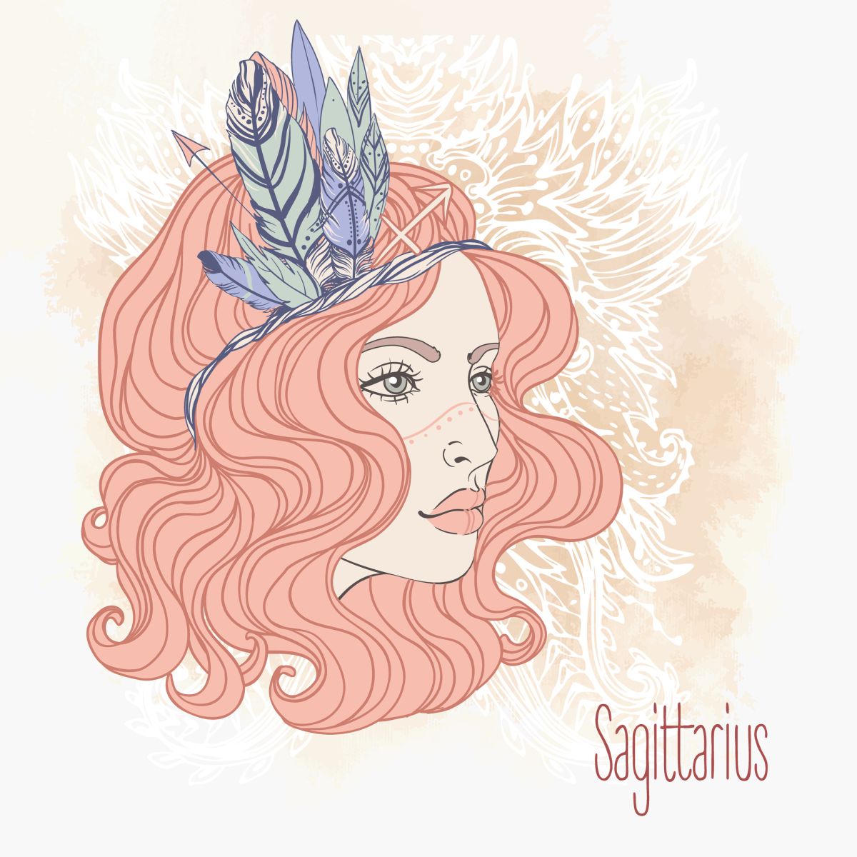 Ilustrația semnului zodiacal Săgetător sub forma unei femei frumoase, cu părul prins cu o bentiță, accesorizată cu pene.