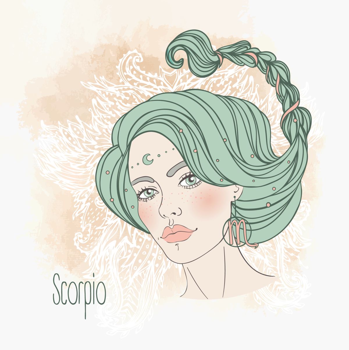 Ilustrația semnului zodiacal Scorpion sub forma unei femei frumoase, cu părul verde, împletit și cercei voluminoși.