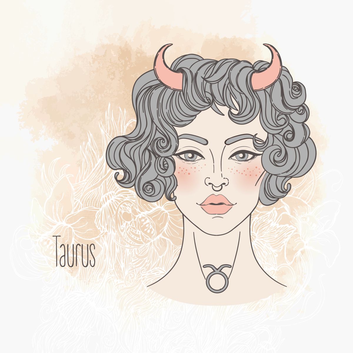 Ilustrația semnului zodiacal Taur sub forma unei femei frumoase, cu părul scurt, ondulat și închis la culoare.