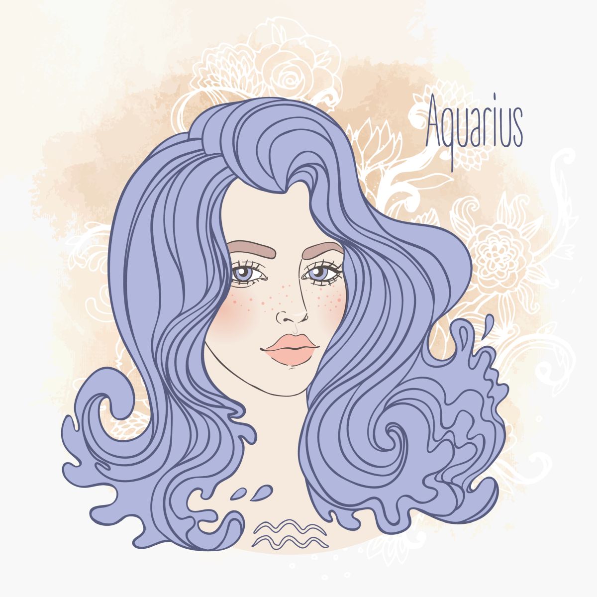 Ilustrația semnului zodiacal Vărsător sub forma unei femei frumoase, cu părul desprins și mov și buze volupstoase, colorate într-o nuanță de roz.