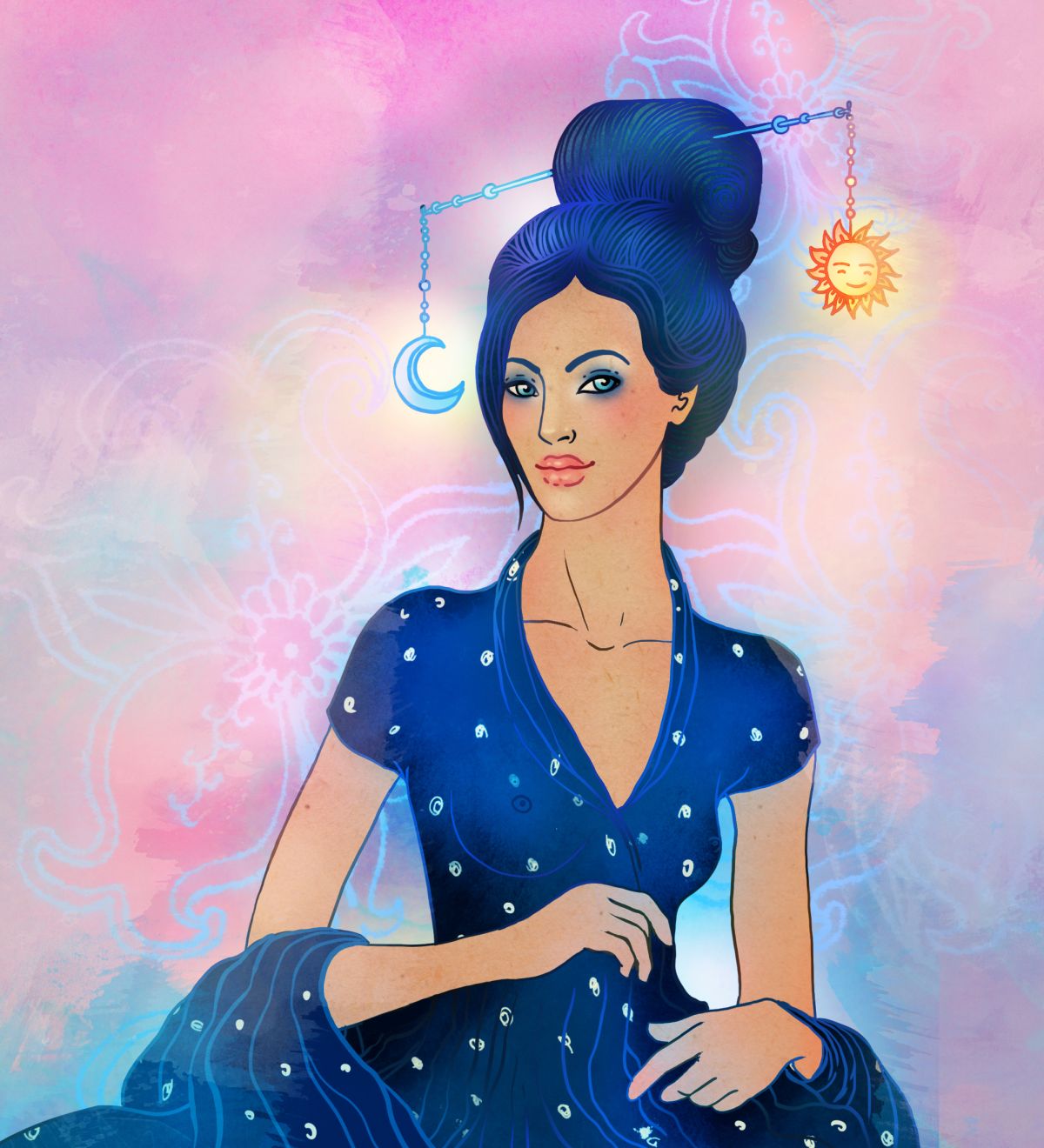 O femeie frumoasă, cu părul și rochia albastre, ilustrează zodia Balanță.