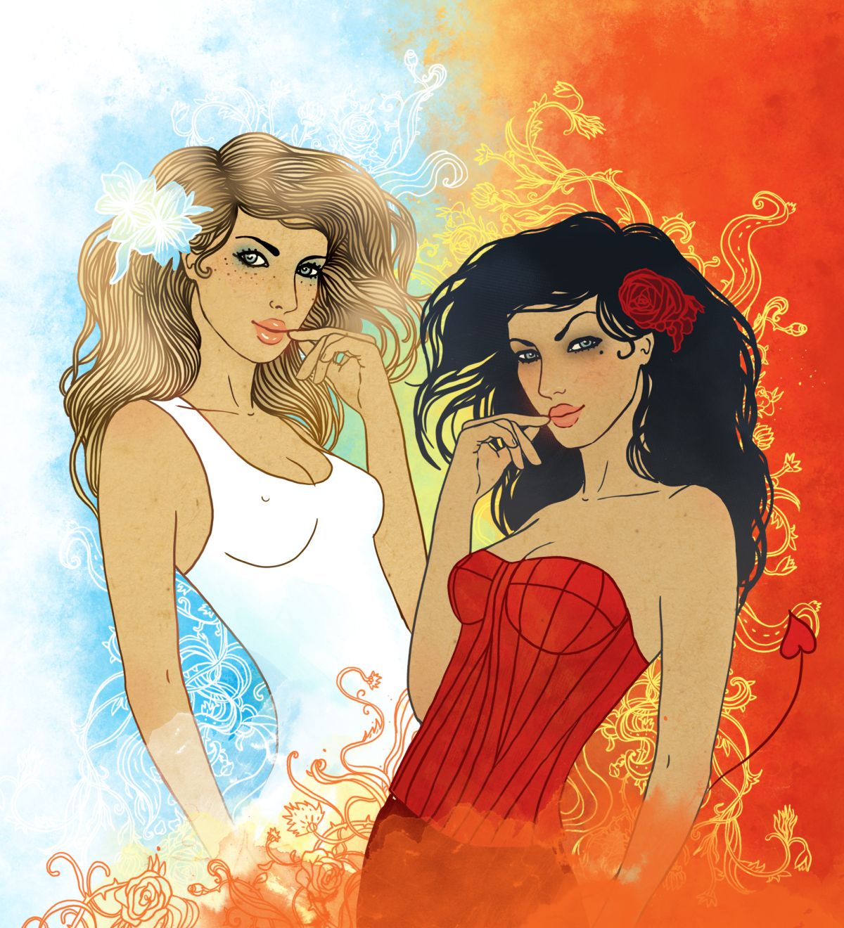 Două femei superbe, una îmbrăcată în alb și alta în roșu, ilustează zodia Gemeni.
