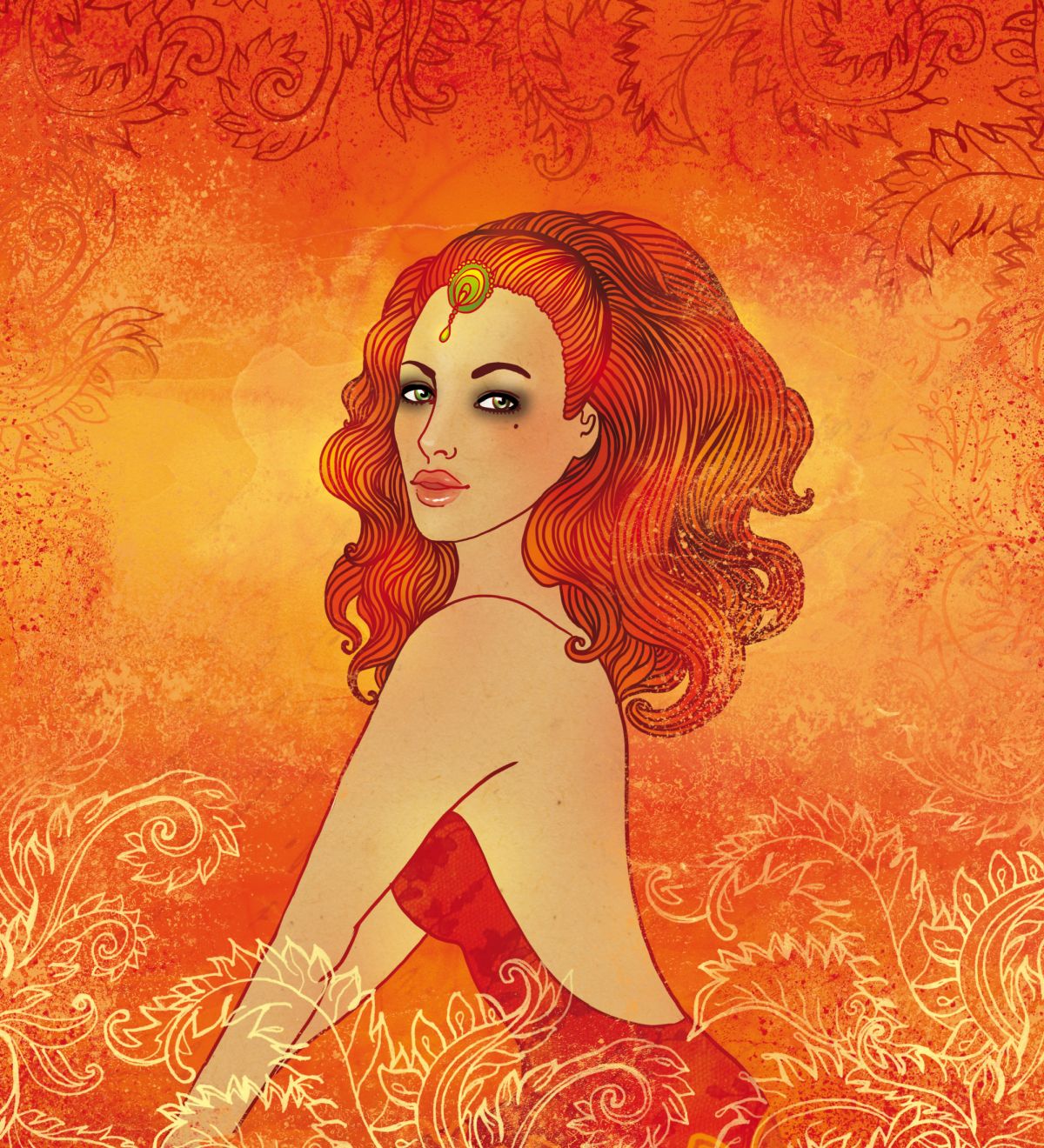 O femeie frumoasă, cu părul roșcat și desprins, într-o rochie roșie, ilustrează zodia Leu.