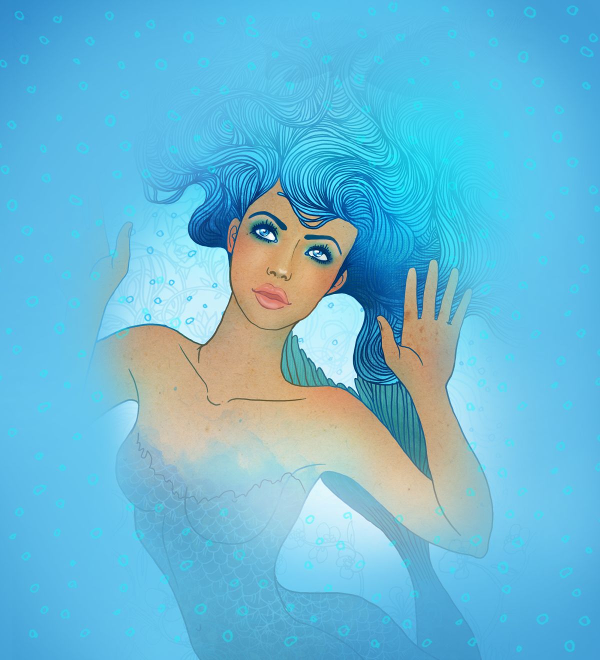 O femeie frumoasă, care seamănă cu o sirenă, ilustrează zodia Pești, pe un fundal albastru.