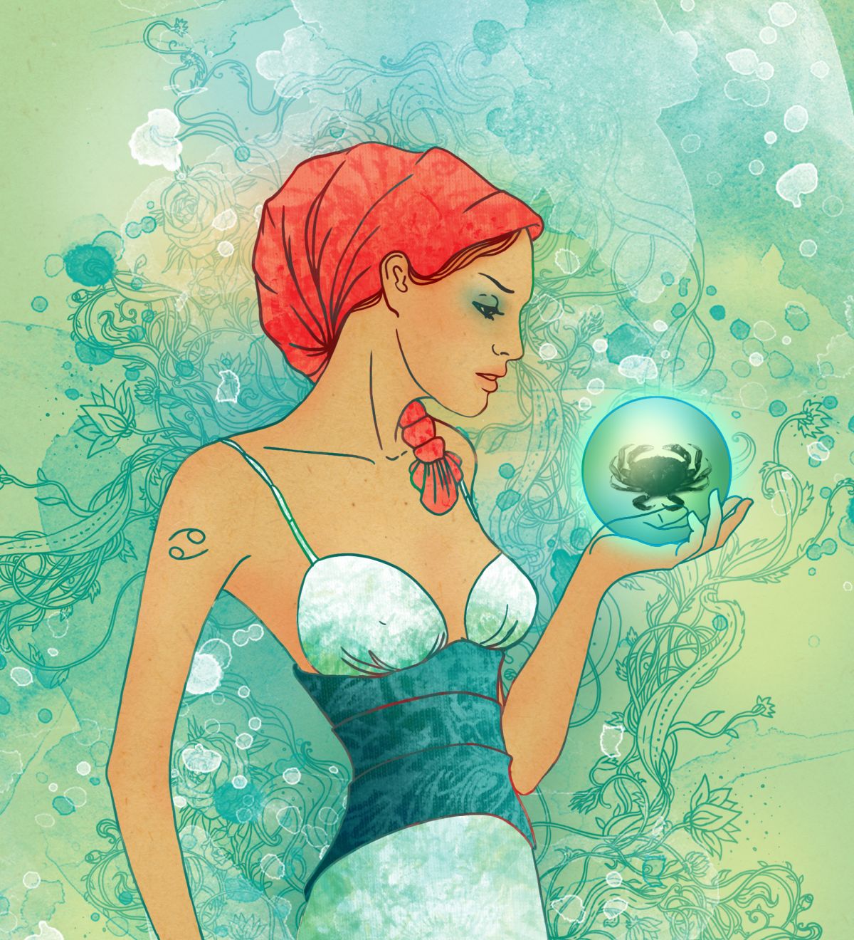 O femeie roșcată, într-o rochie în nuanțe de verde, ține în mână un glob de cristal și ilustează zodia Rac.