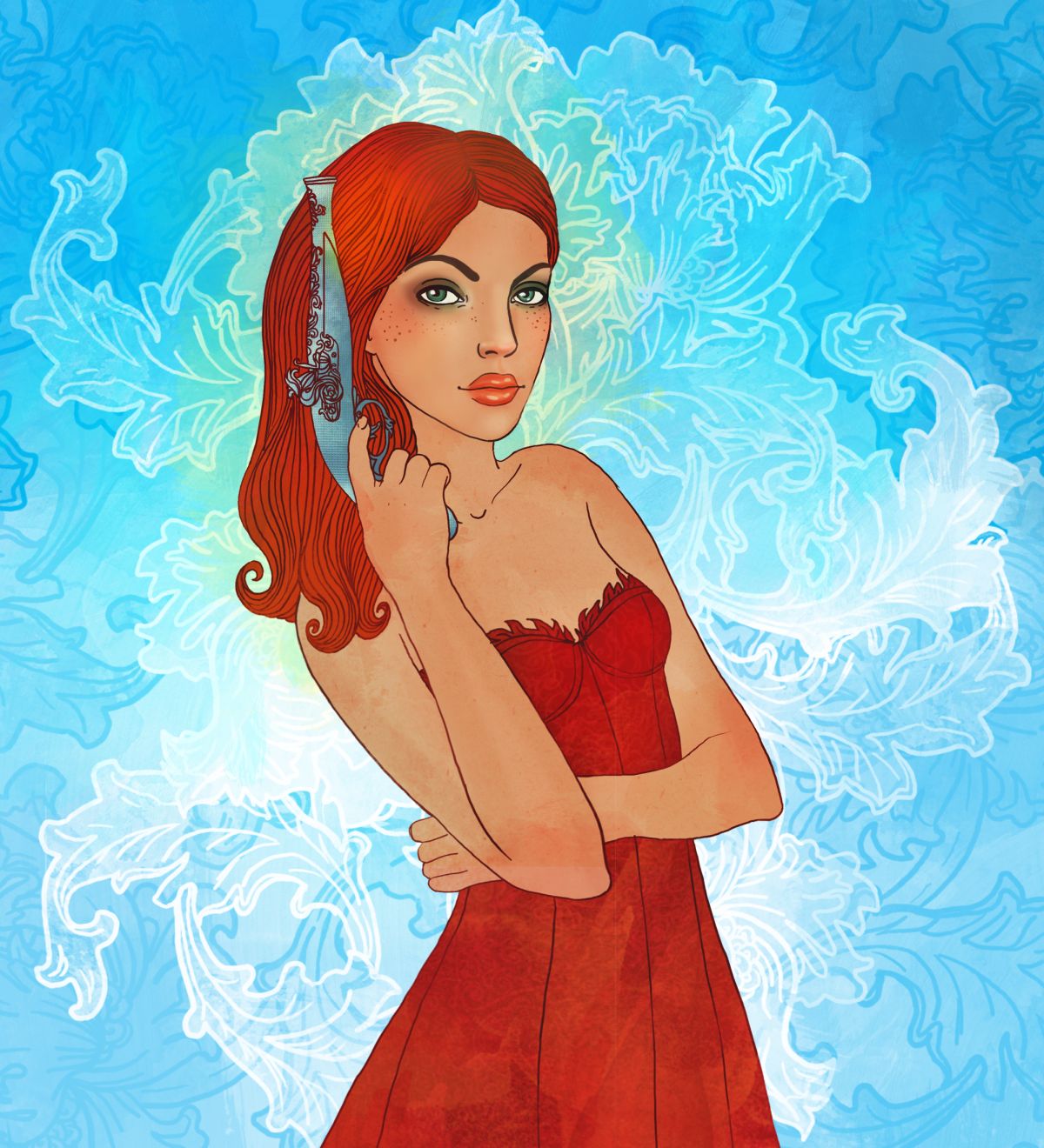 O femeie frumoasă, cu părul și rochia de culoare roșie, ilustrează zodia Săgetător.