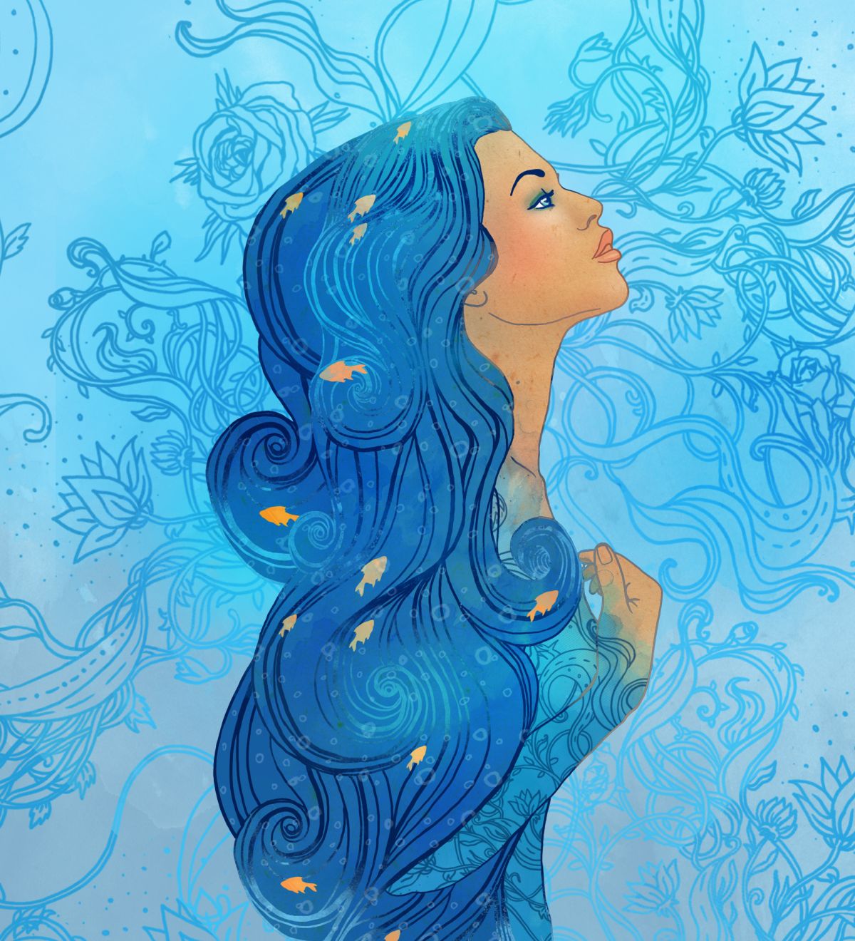 o femeie frumoasă, cu părul lung și albastru, ilustrează zodia Vărsător.