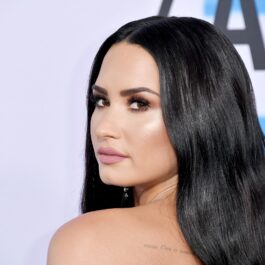 Demi Lovato cu părul lung în timp ce privește peste umăr la American Music Awards în 2017 și care a trimis un mesaj emoționant fanilor pentru a le mulțumi