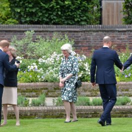 Prințul William și Prințul Harry în timp ce își strâng mâna cu unchiul, Charles Spencer și mătușile sale, Lady Sarah și Lady Jane