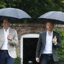 Prințul William purtând costum și ținând o umbrelă în mână este îngrijorat cu privire la careta fratelui său, Prințul Harry care stă lângă el cu umbrela în timp ce se îndreaptă către castelul Kensington