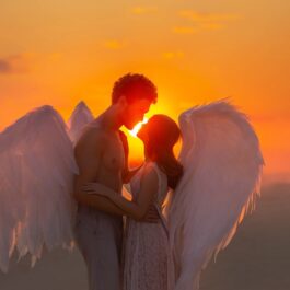 Un cuplu de îndrăgostiți care se țin în brațe și se privesc în ochi în timp ce soarele apune peste aripile lor de îngeri