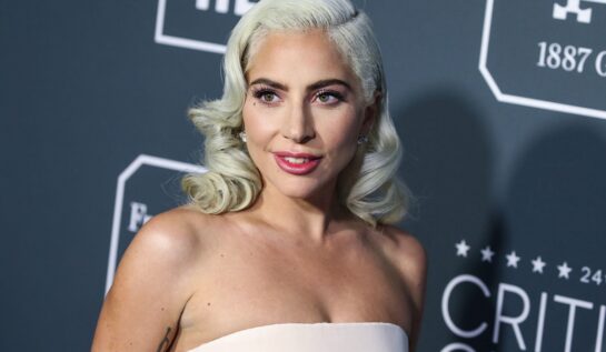 Lady Gaga la ediția 24 a Critics' Choice Awards, pe covorul roșu. Ea a purtat o rochie fără bretele de culoare roz pal și o coeafură care aduce aminte de Hollywood-ul clasic, cu un fundal albastru-gri