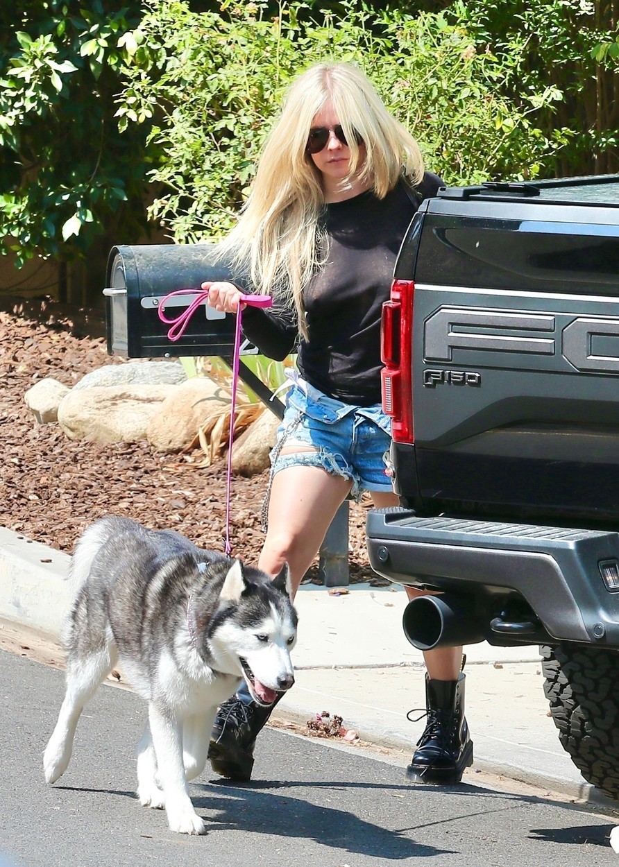 Avril Lavigne, în timp ce coboară din mașină, cu câinele, în California, în 2021