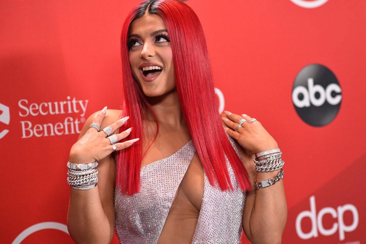 Bebe Rexha a apărut la American Music Awards din 2020 intr-o rochie cu un decolteu adânc, de culoare mov deschis, cu parul rosu si drept, fundal rosu