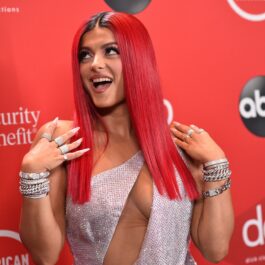 Bebe Rexha a apărut la American Music Awards din 2020 intr-o rochie cu un decolteu adânc, de culoare mov deschis, cu parul rosu si drept, fundal rosu