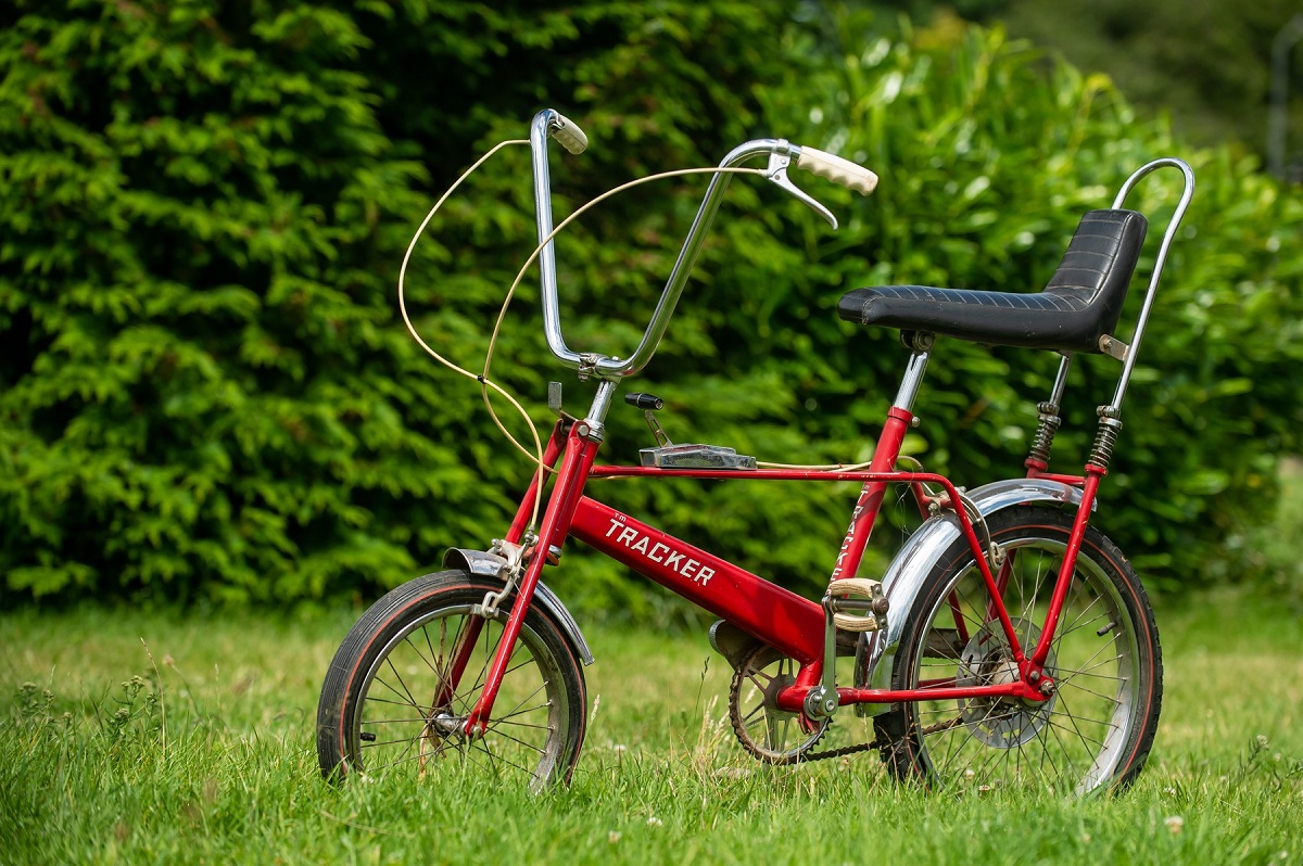 Bicicleta roșie a Prințesei Diana din copilărie într-o grădină înverzită