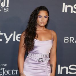 Demi Lovato pe covorul roșu de la Premiile InStyle din 2017. Ea a apărut la eveniment într-o rochie mulată, de culoare mov deschis, cu părul negru și lung prins într-o parte. Fundal negru