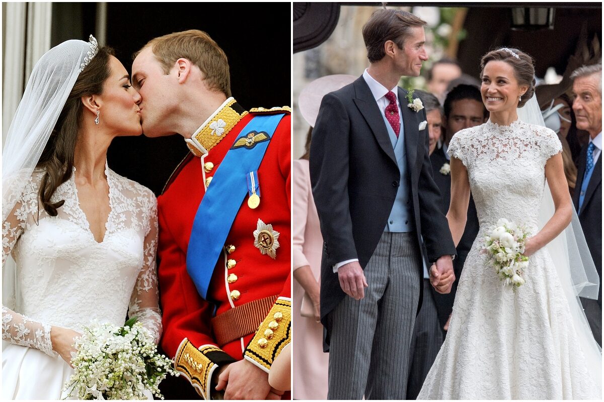 Colaj Kate Middleton și Pippa Middleton. În prima imagine, Kate Middleton și prințul William în ziua nunții din anul 2011, sărutul pe balcon după ceremonei. Ea în rochie de mireasă, el în uniforma roșie. În a doua imagine, PIppa și soțul ei, James, la nunta din 2017, ea în rochie de mireasă, James în costum elegant, invitați în fundal