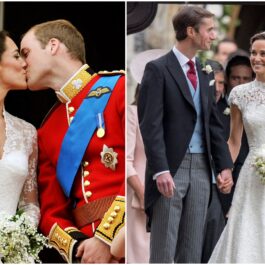 Colaj Kate Middleton și Pippa Middleton. În prima imagine, Kate Middleton și prințul William în ziua nunții din anul 2011, sărutul pe balcon după ceremonei. Ea în rochie de mireasă, el în uniforma roșie. În a doua imagine, PIppa și soțul ei, James, la nunta din 2017, ea în rochie de mireasă, James în costum elegant, invitați în fundal