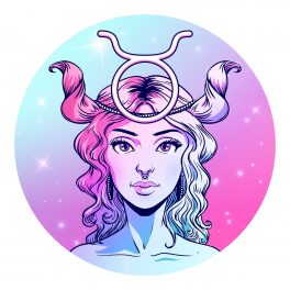 O femeie frumoasă în zodia Taur care are părul prins iar pe cap poartă semnul său zodiacal