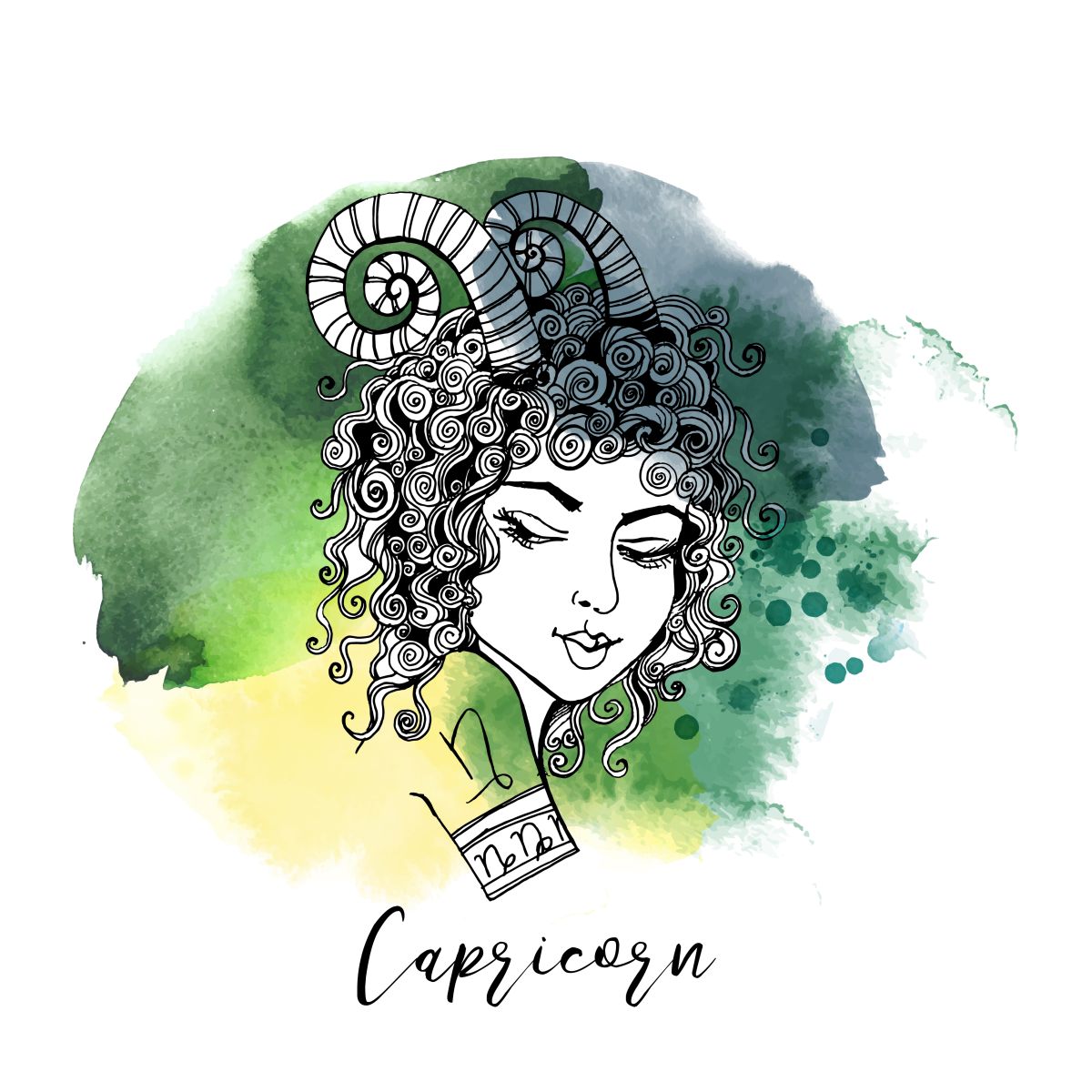 Zodia Capricorn ilustrată sub forma chipului unei femei frumoase, cu părul creț și un tatuaj pe umăr cu semnul zodiacal Capricorn.