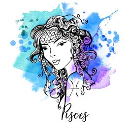 Zodia Pești ilustrată sub forma chipului unei femei frumoase, cu părul lung și ondulat, având desenați pe frunte solzi de pește.