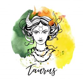Zodia Taur ilustrată sub forma chipului unei femei frumoase, semnul zodiacal desenat pe frunte, pe un fundal în culorile verde și galben.