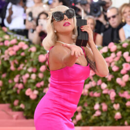 Lady Gaga, îmbrăcată într-o rochie roz, pe covorul roșu, la Met Gala, în 2019