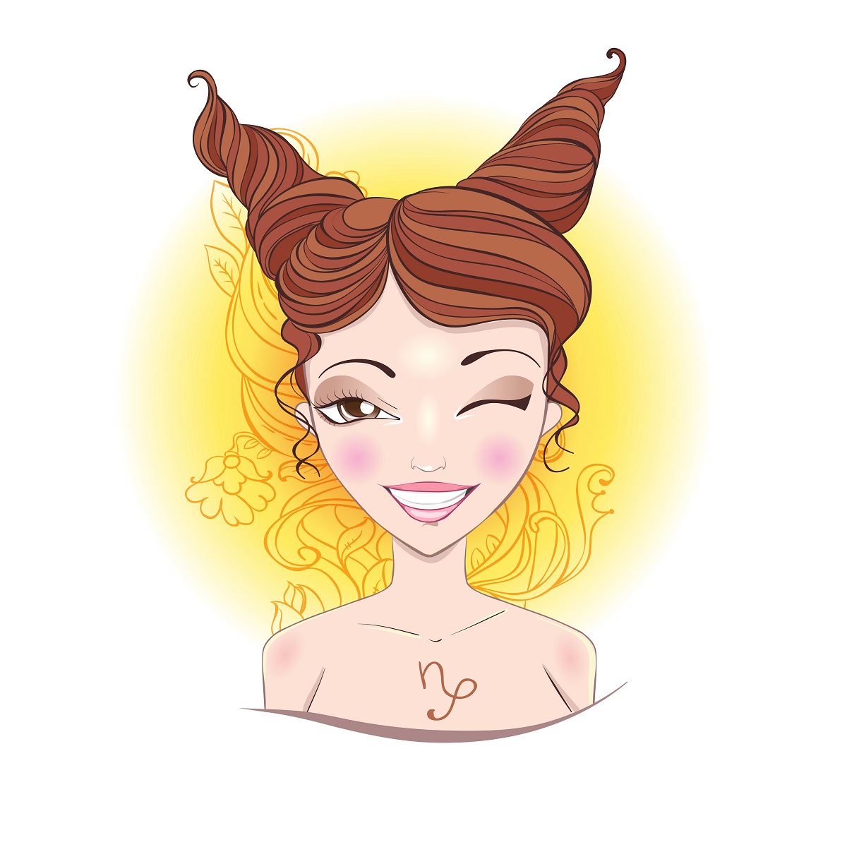 O femeie frumoasă cu părul șaten care are părul prins în două codițe în vârful capului reprezentand zodia Capricornului