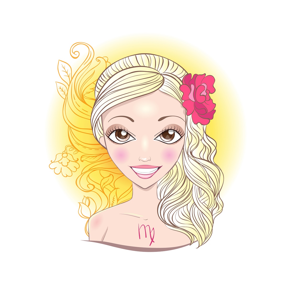 O femeie frumoasă blondă, cu o floare roz în păr reprezentând zodia Fecioarei